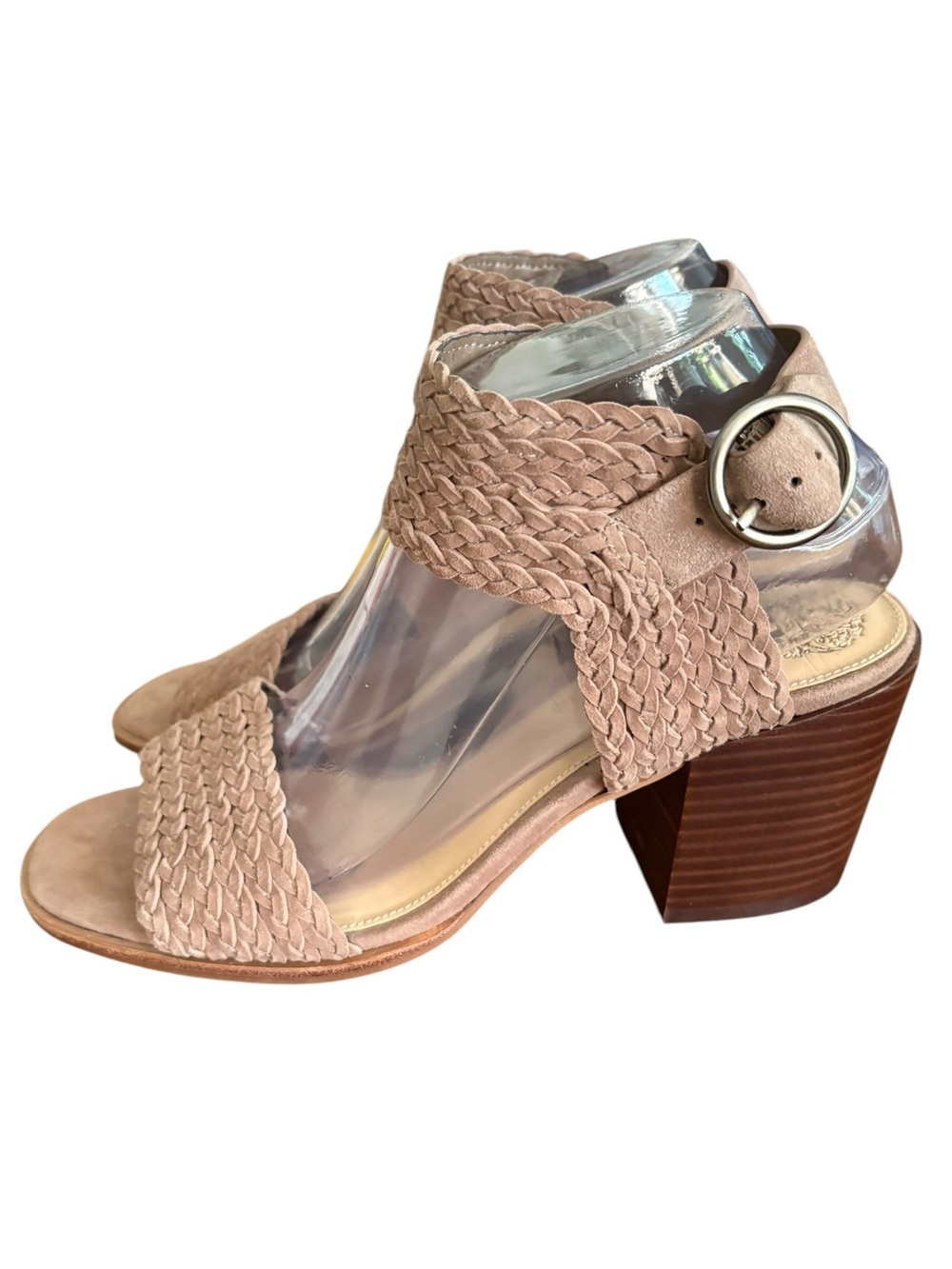 Vince Camuto Kolema Braided Block Heel Sueded Neutral Brown Sandal Sz 8